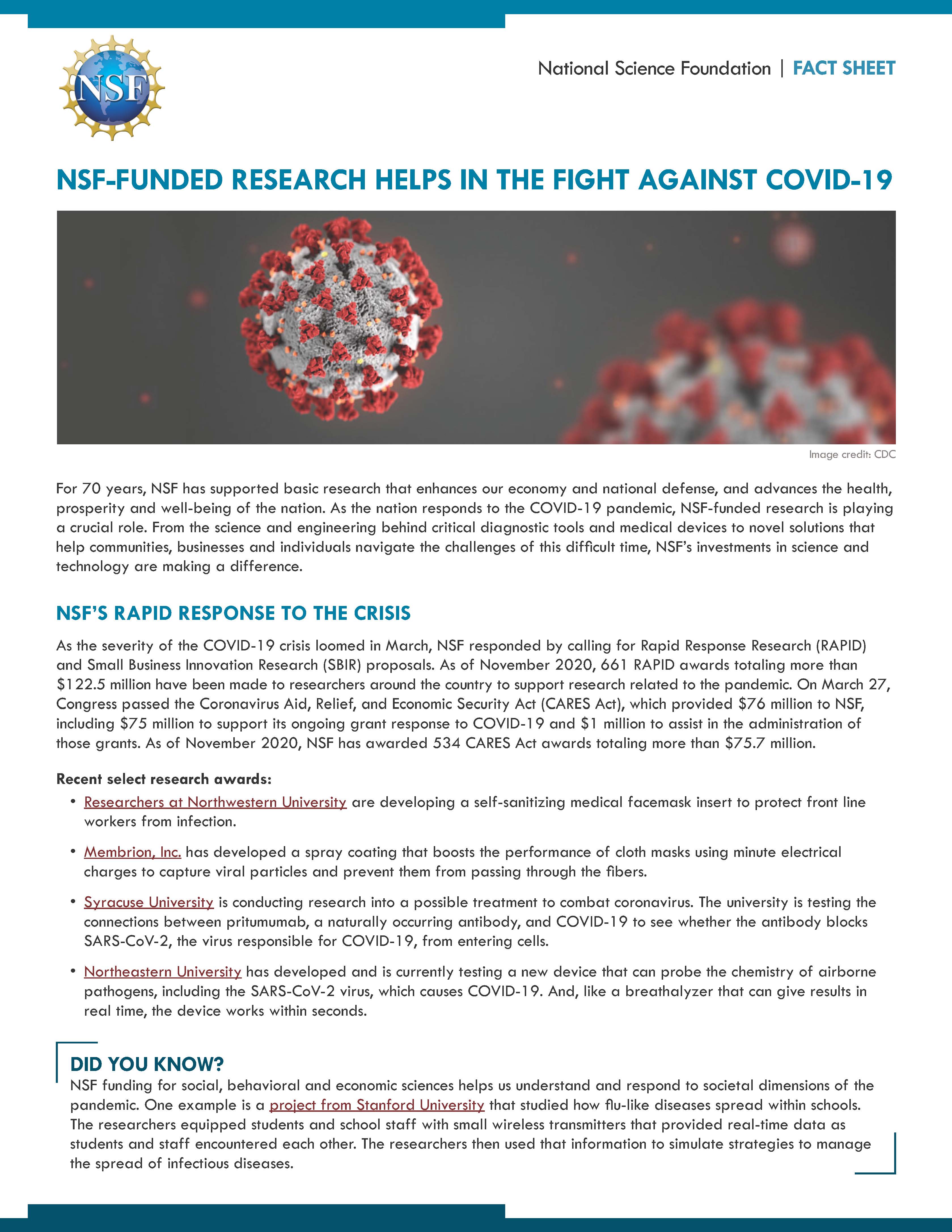NSF-Funded Research Helps in the Fight Against COVID-19 cover page