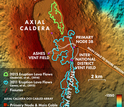 Map of Axial Seamount showing lava flows in 2015 in green and a previous eruption in 2011 in blue.