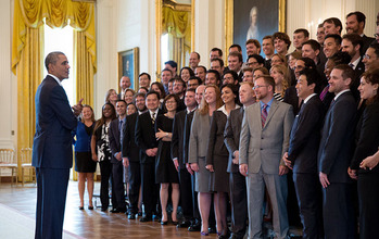 President Obama talks with PECASE recipients at the White House.