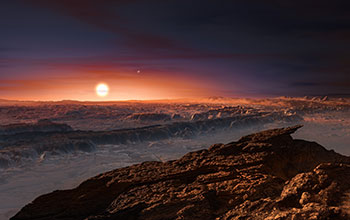 Surface of the planet Proxima b orbiting the red dwarf star Proxima Centauri