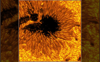 Image of the sun’s surface showing a light bridge crossing a sunspot’s umbra