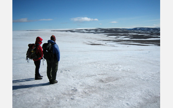 Photo of a research team traversing the ice cap on Baffin Island in the Canadian Arctic.