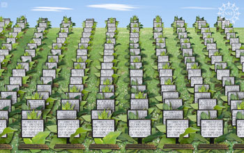 An artist's rendition of a server farm, showing rows of computers planted like crops.