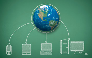 showing the Earth globe connected to multiple electronic devices.