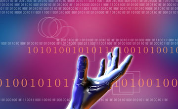 an upraised open hand with a background consisting of text and binary code.