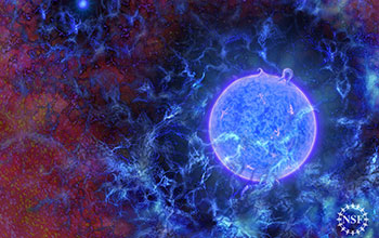 Illustration showing universe's first massive, blue stars embedded in gaseous filaments