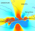 In Haiti, areas in red are closer to rupture; grey circles show the locations of aftershocks.