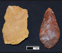 Photo showing the before and after view of silcrete rock heated with fire to make a stone tool.