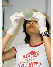Photo of student in lab with agar media plate