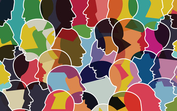 An illustration showing outlines of many human heads in profile against a diverse backdrop of colors and shapes.