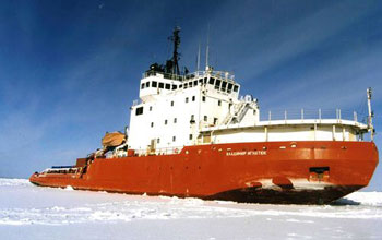 Photo of Russian icebreaker that will create a channel to support two U.S. stations in Antarctica.
