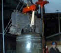 The Liberty Bell hangs after being hoisted out of its supports.