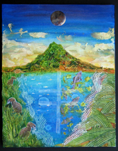 Artwork showing a mountain, sea with fish, forest with animals on left and deforestation on right.