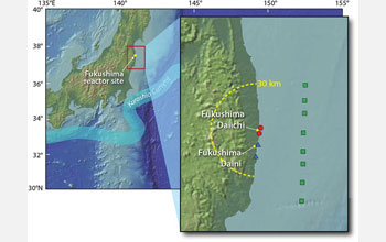 Map showing 30 km area around Fukushima reactor site affected by released radioactivity.