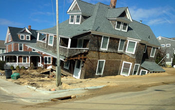 Crocked house destroyed in 2012 by Hurricane Sandy in the main breach in Mantoloking, N.J.