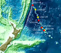 Map showing IODP expedition sampling sites along the Louisville Seamount Trail.