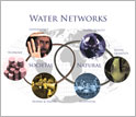 Illustration and text: world map and photos with title Water Network and words Societal and Natural.