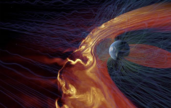 visualization showing solar plasma Interacting with Earth's magnetic field