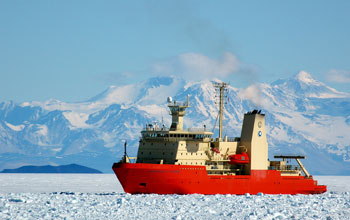 research vessel Nathaniel B. Palmer surrounded by ice in McMurdo Sound, Antarctica