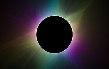 Measuring polarization of coronal light during total solar eclipse; colors indicate polarization or orientation of light, and white features have no polarization