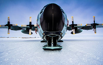 A nose view of an LC-130 airplane at Amundsen-Scott South Pole Station