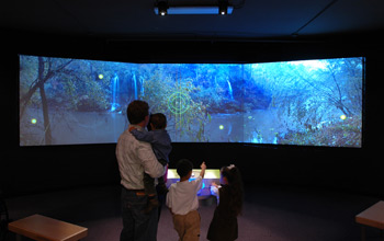 a man with kids viewing an exhibit