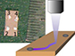 a sample with four metal contacts (left), illustration of a laser drawing a conductive path between two contacts (right)