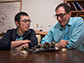 Tony Wang (left) and Jess Adkins (right) with samples of Desmophyllum dianthus fossils